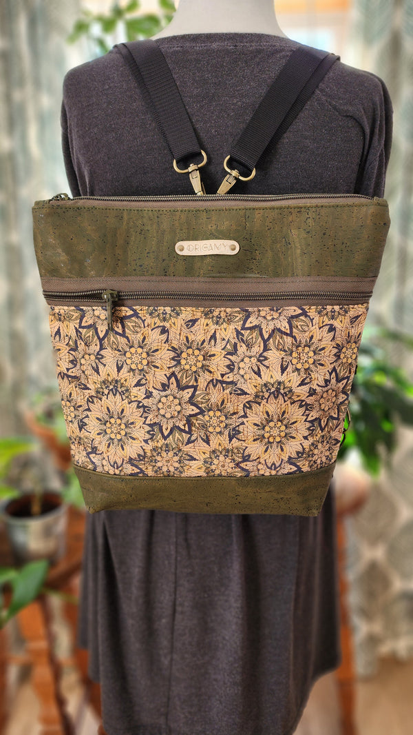 Sac Nini liège | kaki fleurs étoilées | Origamy