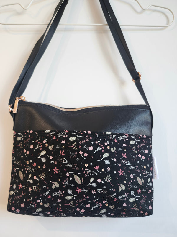 Sac Eyra cuirette 2 poches | Cuir noir fleuri | MademoiZèbre
